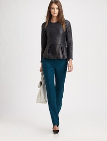 Peplum hem and notched detail add feminine charm to this gleaming leather silhouette. CrewneckLong sleevesPeplum hemHidden back zipper93% silk/7% elastane liningLeatherDry clean with leather specialistImportedModel shown is 5'10 (177cm) wearing US size 2. Peplum hem and notched detail add feminine charm to this gleaming leather silhouette. CrewneckLong sleevesPeplum hemHidden back zipper93% silk/7% elastane liningLeatherDry clean with leather specialistImportedModel shown is 5'10 (177cm) wearing US size 2.