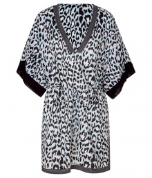 Stylish caftan in fine, light blue cotton - Elegant, on-trend leopard print - Lightweight and fluid, hits above the knee - Stripe trim at deep V-neck and hem - Oversize, elbow-length sleeves - Cinched waist with skinny tie - Chic slits at side - A dream go-to for your next beach getaway - Also works layered over leggings and skinny denim with sandals Stylish caftan in fine, light blue cotton - Elegant, on-trend leopard print - Lightweight and fluid, hits above the knee - Stripe trim at deep V-neck and hem - Oversize, elbow-length sleeves - Cinched waist with skinny tie - Chic slits at side - A dream go-to for your next beach getaway - Also works layered over leggings and skinny denim with sandals