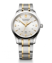 Simplify your style with the enduring elegance of this Alliance watch by Victorinox Swiss Army. Two-tone stainless steel bracelet and round case with anti-reflective triple-coated sapphire crystal. Silver tone dial features applied gold tone numerals and stick indices, minute track, military time, date window at six o'clock, three hands and logo. Swiss quartz movement. Water resistant to 100 meters. Three-year limited warranty. Simplify your style with the enduring elegance of this Alliance watch by Victorinox Swiss Army. Two-tone stainless steel bracelet and round case with anti-reflective triple-coated sapphire crystal. Silver tone dial features applied gold tone numerals and stick indices, minute track, military time, date window at six o'clock, three hands and logo. Swiss quartz movement. Water resistant to 100 meters. Three-year limited warranty.