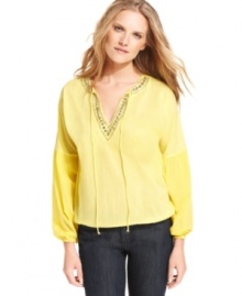 Beading and rhinestones add a hint of shine to this MICHAEL Michael Kors blouse -- perfectly paired with your fave denim! Beading and rhinestones add a hint of shine to this MICHAEL Michael Kors blouse -- perfectly paired with your fave denim!