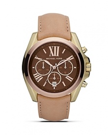 An elegant choice on duty or off. This two-tone watch from MICHAEL Michael Kors boasts a boldly sized face, roman numeral indexes and a distinctive leather strap. An elegant choice on duty or off. This two-tone watch from MICHAEL Michael Kors boasts a boldly sized face, roman numeral indexes and a distinctive leather strap.