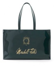 Step back in time and take the beauty of Marshall Field's. Entering the flagship store in Chicago was cathedral-like with the largest Tiffany glass mosaic in the world, a Frango candy kitchen, the Trend House and a complete model home of endless floors to explore. Remember then with this logo carryall, which features the iconic great clock and packs in as much wonder as the legendary superstore. Step back in time and take the beauty of Marshall Field's. Entering the flagship store in Chicago was cathedral-like with the largest Tiffany glass mosaic in the world, a Frango candy kitchen, the Trend House and a complete model home of endless floors to explore. Remember then with this logo carryall, which features the iconic great clock and packs in as much wonder as the legendary superstore.