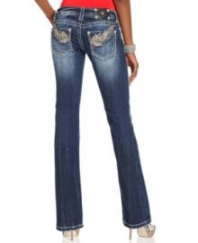 Wing embroidery and rhinestones add eye-catching appeal to these Miss Me bootcut jeans -- perfect for daytime glam! Wing embroidery and rhinestones add eye-catching appeal to these Miss Me bootcut jeans -- perfect for daytime glam!