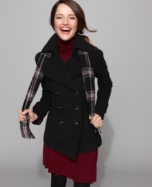 Get a polished look this fall with a perfectly-matched petite pea coat and scarf combo from London Fog.