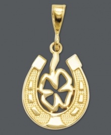 You're certain to bring good luck your way with this clever combo charm. A cut-out four leaf clover decorates the inside of a horseshoe in this detailed 14k gold charm. Chain not included. Approximate drop length: 1 inch. Approximate drop width: 5/8 inch. You're certain to bring good luck your way with this clever combo charm. A cut-out four leaf clover decorates the inside of a horseshoe in this detailed 14k gold charm. Chain not included. Approximate drop length: 1 inch. Approximate drop width: 5/8 inch.