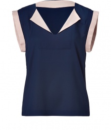 Elegant top in fine, pure navy blue silk - Ultra-soft, lightweight crepe fabric drapes beautifully - Chic, eye-catching nude trim - Slim, straight cut, hem hangs slightly longer in the back - V-neck with small collar and short, wide sleeves - Polished and versatile, seamlessly transitions from work to weekend - Pair with suit trousers, or a pencil or pleated skirt Elegant top in fine, pure navy blue silk - Ultra-soft, lightweight crepe fabric drapes beautifully - Chic, eye-catching nude trim - Slim, straight cut, hem hangs slightly longer in the back - V-neck with small collar and short, wide sleeves - Polished and versatile, seamlessly transitions from work to weekend - Pair with suit trousers, or a pencil or pleated skirt