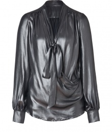 Finish your feminine look on a futuristic note in Plein Suds ultra modern platinum silk wrap blouse, detailed with a soft tie for that added edge of modern-vintage glamour - Stand-up collar with tie, wrapped front, long sleeves, buttoned cuffs, pleated yolk, relaxed fit - Perfect for tucking into form-fitting pencil skirts, or layering over luxe leather leggings Finish your feminine look on a futuristic note in Plein Suds ultra modern platinum silk wrap blouse, detailed with a soft tie for that added edge of modern-vintage glamour - Stand-up collar with tie, wrapped front, long sleeves, buttoned cuffs, pleated yolk, relaxed fit - Perfect for tucking into form-fitting pencil skirts, or layering over luxe leather leggings