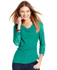 Ease from day to night in this sleek cowl-neck top from Style&co. Lace overlay adds effortless flair to your look! Ease from day to night in this sleek cowl-neck top from Style&co. Lace overlay adds effortless flair to your look!