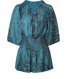 Stylish blouse in pure silk - With an all-over feather print in the background color teal - In a trendy tunic cut with full 3/4 sleeves - Long, softly falling cut - New, fashionable details: The round neck, peasant style (Carmen look) cut and waist are decoratively smocked - Wear such a blouse in the current 70s style with wide flared trousers Stylish blouse in pure silk - With an all-over feather print in the background color teal - In a trendy tunic cut with full 3/4 sleeves - Long, softly falling cut - New, fashionable details: The round neck, peasant style (Carmen look) cut and waist are decoratively smocked - Wear such a blouse in the current 70s style with wide flared trousers
