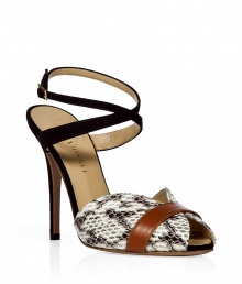 Inject ladylike luxe into your cocktail look with these super chic sandals from Vionnet - Peep-toe with leather-accented python front, wrap-around ankle strap with buckle closure, high stiletto heel - Wear with a sleek sheath dress and heels or pair with a party-perfect frock Inject ladylike luxe into your cocktail look with these super chic sandals from Vionnet - Peep-toe with leather-accented python front, wrap-around ankle strap with buckle closure, high stiletto heel - Wear with a sleek sheath dress and heels or pair with a party-perfect frock
