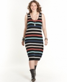 Score on-trend style with American Rag's sleeveless plus size sweater dress, spotlighting a striped pattern. Score on-trend style with American Rag's sleeveless plus size sweater dress, spotlighting a striped pattern.