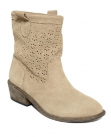 Worrying over what to wear? Cut it out. Decorative perforations add fashionable flair to these soft suede Giggi booties from American Rag. With a low stacked heel, they're a comfortable, laid-back look. Worrying over what to wear? Cut it out. Decorative perforations add fashionable flair to these soft suede Giggi booties from American Rag. With a low stacked heel, they're a comfortable, laid-back look.