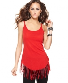 Fringe trim and braided straps allude to a boho-rock look with this Andrew Charles top -- pair it with leather leggings or skinny jeans to up the edge! Fringe trim and braided straps allude to a boho-rock look with this Andrew Charles top -- pair it with leather leggings or skinny jeans to up the edge!