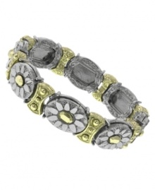A natural selection. 2028's pretty bracelet feature a unique oval and floral pattern in silver and gold tone mixed metal. Bracelet stretches to fit wrist. Approximate diameter: 2-1/2 inches. A natural selection. 2028's pretty bracelet feature a unique oval and floral pattern in silver and gold tone mixed metal. Bracelet stretches to fit wrist. Approximate diameter: 2-1/2 inches.