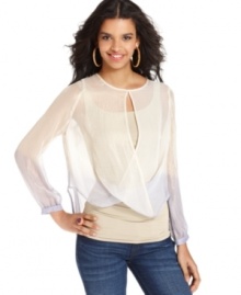Crisscross draping, an ombre dip dye and high-low hem make this Bar III top an on-trend layering piece for a downtown-chic look! Crisscross draping, an ombre dip dye and high-low hem make this Bar III top an on-trend layering piece for a downtown-chic look!
