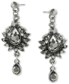 Moody accents are the perfect finishing touch to any ensemble. 2028's drop earrings feature a graceful shape highlighting faux-marcasite set in silver tone mixed metal. Approximate drop: 1-1/2 inches. Approximate width: 3/4 inch. Moody accents are the perfect finishing touch to any ensemble. 2028's drop earrings feature a graceful shape highlighting faux-marcasite set in silver tone mixed metal. Approximate drop: 1-1/2 inches. Approximate width: 3/4 inch.