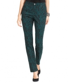 Stay on-trend with printed skinnies! These mod jeans from Style&co. feature a fun lace print-great for a warm fall look. Stay on-trend with printed skinnies! These mod jeans from Style&co. feature a fun lace print-great for a warm fall look.