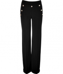 Luxe pant in fine, black viscose knit blend - A fresh twist on the classic sailor cut - Higher waist with large pockets and decorative gold button embellishment at hips - Wide, cuffed leg - Crease detail flatters and elongates the silhouette - Modern and undeniably elegant, ideal for work, cocktails and evenings out - Pair with a silk top and cropped blazer by day, or don a chiffon blouse and slim leather jacket at night Luxe pant in fine, black viscose knit blend - A fresh twist on the classic sailor cut - Higher waist with large pockets and decorative gold button embellishment at hips - Wide, cuffed leg - Crease detail flatters and elongates the silhouette - Modern and undeniably elegant, ideal for work, cocktails and evenings out - Pair with a silk top and cropped blazer by day, or don a chiffon blouse and slim leather jacket at night