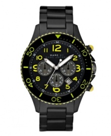 Black on black gets attitude from the addition of bright yellow accents by Marc by Marc Jacobs. Rock watch crafted of black ion-plated stainless steel bracelet and round case. Black turning bezel with yellow numerals. Black chronograph dial features yellow numerals at markers, outer logo ring, date window, three subdials and luminous hands. Quartz movement. Water resistant to 50 meters. Two-year limited warranty.