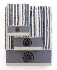 Sweet serenity. Offering a romantic and elegant composition for your bath space, this Aquarelle Embroidery washcloth features beautiful stripes in sophisticated hues. Embellished with subtle embroidery along the hem.