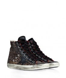 Luxe with a retro edge, these leopard print high-top sneakers from Golden Goose will kick your style into high gear - Round toe, lace up style, side star detail, exposed side-zip closure, stylishly distressed, contrasting rubber sole, back distressed leather stripe - Ankle height - Pair with oversized knits and skinnies, or casual tees and mini-skirts Luxe with a retro edge, these leopard print high-top sneakers from Golden Goose will kick your style into high gear - Round toe, lace up style, side star detail, exposed side-zip closure, stylishly distressed, contrasting rubber sole, back distressed leather stripe - Ankle height - Pair with oversized knits and skinnies, or casual tees and mini-skirts