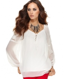 Crochet lace & crinkle chiffon fabric make this Andrew Charles peasant blouse a sweet topper to severe skinny jeans! Crochet lace & crinkle chiffon fabric make this Andrew Charles peasant blouse a sweet topper to severe skinny jeans!