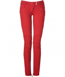 Rock n roll style goes ultra-luxe with these of-the-moment bright red skinny jeans from Balmain - Snap tab closure, belt loops, quilted panels at top, sides, knees, and back pockets, multiple side zip pockets, inside ankle zips - Skinny fit, biker-style - Wear with an oversized top, a cropped blazer, and platform heels Rock n roll style goes ultra-luxe with these of-the-moment bright red skinny jeans from Balmain - Snap tab closure, belt loops, quilted panels at top, sides, knees, and back pockets, multiple side zip pockets, inside ankle zips - Skinny fit, biker-style - Wear with an oversized top, a cropped blazer, and platform heels