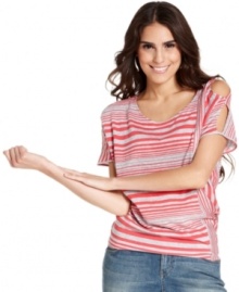 Have a weekend fling with DKNY Jeans' petite striped top made out of soft cotton and featuring fun cut-outs at the sleeves. Have a weekend fling with DKNY Jeans' petite striped top made out of soft cotton and featuring fun cut-outs at the sleeves.