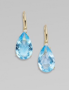 From the Ipanema Collection. Elegant faceted teardrops of soft blue topaz, each accented with a radiant diamond.Diamonds, 0.16 tcwBlue topaz18k yellow goldDrop, about 1Ear wireMade in Italy