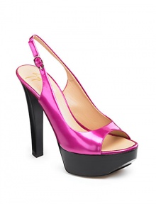 THE LOOKPeep-toeSlingback design with buckle closurePlatform silhouetteTHE FITHeel 5½ (140mm)Platform, 1½ (40mm)Compares to a 4 heel (100mm)THE MATERIALPatent leatherLeather lining and soleORIGINMade in Italy
