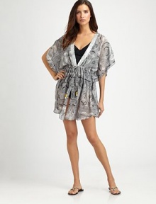 EXCLUSIVELY AT SAKS.COM. The prettiest pailettes decorate this flowy, skin-baring coverup.V-neckFlutter sleevesPull-on styleDrawstring waistSilkDry cleanMade in Italy