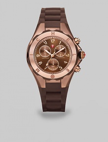 A sporty, yet chic timepiece with technical appeal in warm rose goldtone and complementary silicone. Quartz movementWater resistant to 5 ATMRound rose goldtone stainless steel case, 40mm (1.6) Logo etched bezelBrown chronograph dialNumeric hour markersSecond hand Brown silicone strapImported A sporty, yet chic timepiece with technical appeal in warm rose goldtone and complementary silicone. Quartz movementWater resistant to 5 ATMRound rose goldtone stainless steel case, 40mm (1.6) Logo etched bezelBrown chronograph dialNumeric hour markersSecond hand Brown silicone strapImported