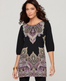 Cha Cha Vente gets exotic with a swirled paisley print. The classic, flattering shape balances out the look! Cha Cha Vente gets exotic with a swirled paisley print. The classic, flattering shape balances out the look!