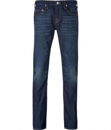 Work a cool modern edge into your casual look with True Religions distressed skinny jeans - Classic five-pocket style, button closure, belt loops - Straight leg, slim fit - Team with casual pullovers and boots, or dress up with blazers, button-downs and oxfords