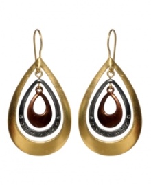 Out-of-this-world design, by Kenneth Cole New York. Orbit earrings crafted from iridescent mixed metal teardrops in three colors nested together with crystal accents. Approximate drop: 1-3/4 inches. Out-of-this-world design, by Kenneth Cole New York. Orbit earrings crafted from iridescent mixed metal teardrops in three colors nested together with crystal accents. Approximate drop: 1-3/4 inches.