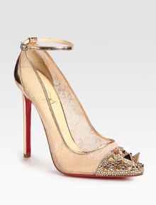 Finished with a metallic leather heel and ankle strap, this semi-sheer mesh and lace pump has a party-perfect crystal and stud-encrusted toecap. Metallic leather heel, 5 (125mm)Lace, mesh and metallic leather upperCrystal and goldtone metal stud embellishmentsLeather lining and solePadded insoleMade in ItalyOUR FIT MODEL RECOMMENDS ordering one size up as this style runs small. Finished with a metallic leather heel and ankle strap, this semi-sheer mesh and lace pump has a party-perfect crystal and stud-encrusted toecap. Metallic leather heel, 5 (125mm)Lace, mesh and metallic leather upperCrystal and goldtone metal stud embellishmentsLeather lining and solePadded insoleMade in ItalyOUR FIT MODEL RECOMMENDS ordering one size up as this style runs small.