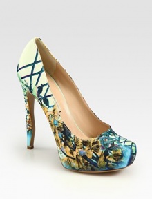 Vibrant update to any ensemble, this shimmery satin staple has a getaway-ready print and just the right amount of height to turn heads. Self-covered heel, 5 (125mm)Covered platform, 1 (25mm)Compares to a 4 heel (100mm)Printed satin upperLeather lining and solePadded insoleMade in ItalyOUR FIT MODEL RECOMMENDS ordering one size up as this style runs small. Vibrant update to any ensemble, this shimmery satin staple has a getaway-ready print and just the right amount of height to turn heads. Self-covered heel, 5 (125mm)Covered platform, 1 (25mm)Compares to a 4 heel (100mm)Printed satin upperLeather lining and solePadded insoleMade in ItalyOUR FIT MODEL RECOMMENDS ordering one size up as this style runs small.