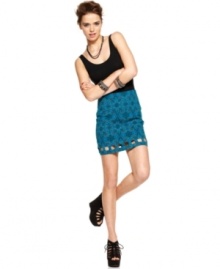 Get edgy in this skirt from Material Girl that features a fun tribal print and a border of boxy cutouts! Get edgy in this skirt from Material Girl that features a fun tribal print and a border of boxy cutouts!