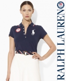 An iconic polo shirt from Ralph Lauren is crafted in a slim stretch silhouette from breathable cotton mesh and accented with bold country embroidery to celebrate Team USA's participation in the 2012 Olympic Games. An iconic polo shirt from Ralph Lauren is crafted in a slim stretch silhouette from breathable cotton mesh and accented with bold country embroidery to celebrate Team USA's participation in the 2012 Olympic Games.