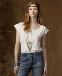 Romantic lace and pretty pintucks play up the sweetness factor on this classic short-sleeved Denim & Supply Ralph Lauren Henley, crafted from airy cotton jersey with slim pinstripes for a hint of vintage charm. Romantic lace and pretty pintucks play up the sweetness factor on this classic short-sleeved Denim & Supply Ralph Lauren Henley, crafted from airy cotton jersey with slim pinstripes for a hint of vintage charm.