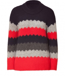 A colorful zigzag stripe pattern covers this stylish wool-blend pullover from Marc by Marc Jacobs - Round ribbed neckline, long sleeves with ribbed cuffs, all-over zigzag stripe print, slim fit, ribbed hem - Style with skinny jeans or cropped trousers and embellished ballet flats