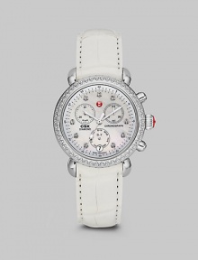 From the CSX Collection. A distinctive stainless steel timepiece with diamond accents and a technical, chronograph dial. Swiss quartz movementWater resistant to 5 ATMRound stainless steel case, 36mm (1.4)Diamond bezel and markers, .64 tcwMother-of-pearl chronograph dialDate display at 6 o'clockSecond hand White alligator strap, 18mm wide (0.7)Imported From the CSX Collection. A distinctive stainless steel timepiece with diamond accents and a technical, chronograph dial. Swiss quartz movementWater resistant to 5 ATMRound stainless steel case, 36mm (1.4)Diamond bezel and markers, .64 tcwMother-of-pearl chronograph dialDate display at 6 o'clockSecond hand White alligator strap, 18mm wide (0.7)Imported