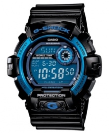 Shock-resistant with a high-intensity backlight, this G-Shock sport watch features blue accents for subtle cool. Shock-resistant with a high-intensity backlight, this G-Shock sport watch features blue accents for subtle cool.