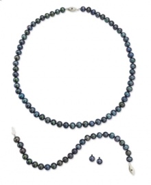 Traditional design that sets you apart. This stunning jewelry set features grey cultured freshwater pearls (6-7 mm) mixed with sparkling black diamond accents in sterling silver. Set includes a matching necklace, bracelet and pair of stud earrings. Approximate length (necklace): 18 inches. Approximate length (bracelet): 7-1/2 inches. Approximate diameter (earrings): 1/4 inch.