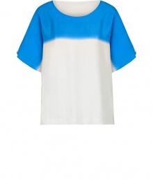 Lend a breezy finish to warm weather looks with Tibis cool two-tone silk top - Scoop neckline, short sleeves, slit sides, high-low hemline - Loose fit - Wear with cropped cigarette pants and your favorite pair of flats Lend a breezy finish to warm weather looks with Tibis cool two-tone silk top - Scoop neckline, short sleeves, slit sides, high-low hemline - Loose fit - Wear with cropped cigarette pants and your favorite pair of flats