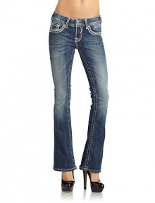 THE LOOKWide waistband with belt loopsDouble rhinestone button closure and zip flyFive-pocket styleSignature stitching on the front coin pocketContrast stitchingWhiskering at hips and faded at thighsFitted through thighs with wide bootcut leg openingsRhinestone and stud embellished V-shaped insets on the button-flap back pocketsBack logo detail at waistbandTHE FITRise, about 8Inseam THE LOOKWide waistband with belt loopsDouble rhinestone button closure and zip flyFive-pocket styleSignature stitching on the front coin pocketContrast stitchingWhiskering at hips and faded at thighsFitted through thighs with wide bootcut leg openingsRhinestone and stud embellished V-shaped insets on the button-flap back pocketsBack logo detail at waistbandTHE FITRise, about 8Inseam