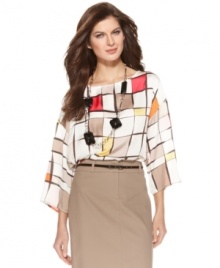 Hip to be square: Ellen Tracy's blouse features of-the-moment kimono sleeves and a graphic square print. Dress it up with a skirt, or dress it down with cropped jeans! Hip to be square: Ellen Tracy's blouse features of-the-moment kimono sleeves and a graphic square print. Dress it up with a skirt, or dress it down with cropped jeans!