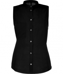Chic sleeveless top in fine, black cotton - Classic, button down style is fitted and tapers at waist - Small stand-up collar and chest pocket, rounded hem - The details we love: delicate lace scalloping at sides, cinched belt at back - A perennially cool must in any wardrobe - Pair with skinny jeans and ballet flats or dress up with wide-leg trousers and platform pumps Chic sleeveless top in fine, black cotton - Classic, button down style is fitted and tapers at waist - Small stand-up collar and chest pocket, rounded hem - The details we love: delicate lace scalloping at sides, cinched belt at back - A perennially cool must in any wardrobe - Pair with skinny jeans and ballet flats or dress up with wide-leg trousers and platform pumps