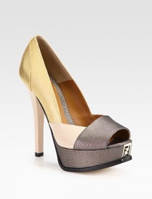 Colorblock peep toe silhouette in metallic lizard-print leather with a signature logo detail. Self-covered heel, 5¼ (130mm)Covered platform, 1¼ (30mm)Compares to a 4 heel (100mm)Metallic lizard-print leather upperPeep toeLeather lining and solePadded insoleMade in Italy Colorblock peep toe silhouette in metallic lizard-print leather with a signature logo detail. Self-covered heel, 5¼ (130mm)Covered platform, 1¼ (30mm)Compares to a 4 heel (100mm)Metallic lizard-print leather upperPeep toeLeather lining and solePadded insoleMade in Italy