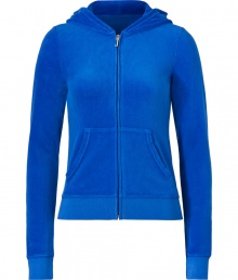 Kick-start your new season off-duty look with Juicy Coutures bright blue velour hoodie - Hooded, front zip closure, long sleeves, split kangaroo pocket - Slim fit - Pair with matching pants, favorite jeans, or mini-skirts